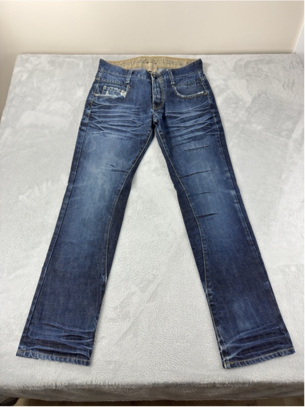 G-Star Raw Men's Size 34 W X 34 L 3301 Distressed Button Fly Blue Washed Jeans
